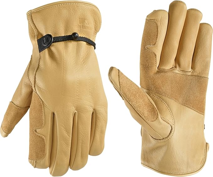 Wells Lamont Leather Work Gloves for Men – Heavy Duty, Cowhide, Abrasion & Puncture Resistant – Adjustable Wrist, Gunn Cut Design, Ideal for Ranching, Farming, Construction - Timber - XL