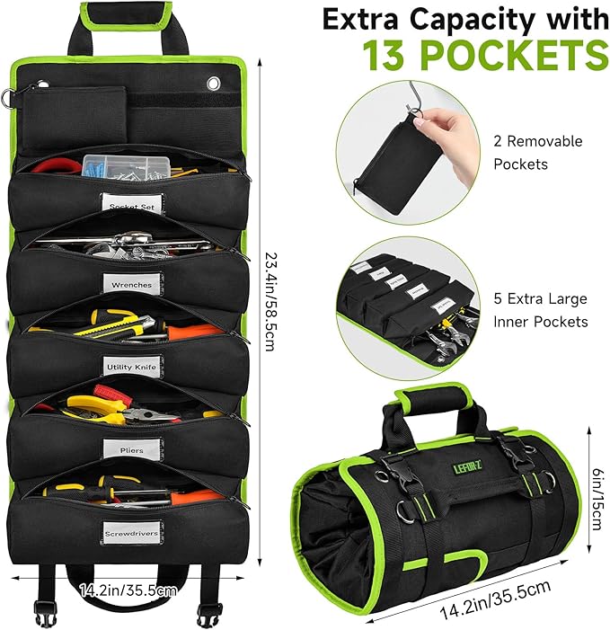 Tool Bag,Large Roll Up Tool Bag Organizer,13 Pockets Tool Roll Storage Pouch,Heavy Duty Portable Tool Storage Carrier Bag for Men,Mechanic,Electrician,Valentines Day Gifts for Men,Black/Green