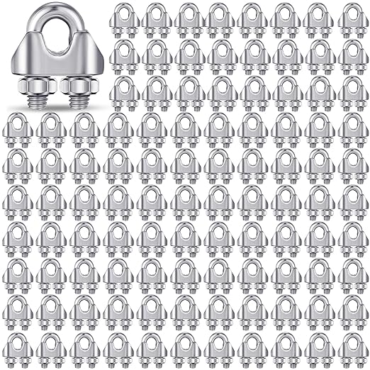 Blulu 100 Pcs 1/8 Inches M3 Stainless Steel Cable Wire Rope Clip Large U Bolt Saddle Guy Fastener 304 Stainless Steel Fastener Cable Wire Rope Clamps, Connect 2 Layers of Wire to Form a Loop