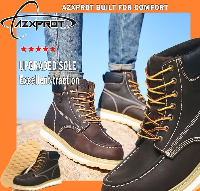 Work Boots for Men, 6" Soft Toe Wedge Sole Waterproof Safety Boots, Comfortable Construction Work Safety Shoes