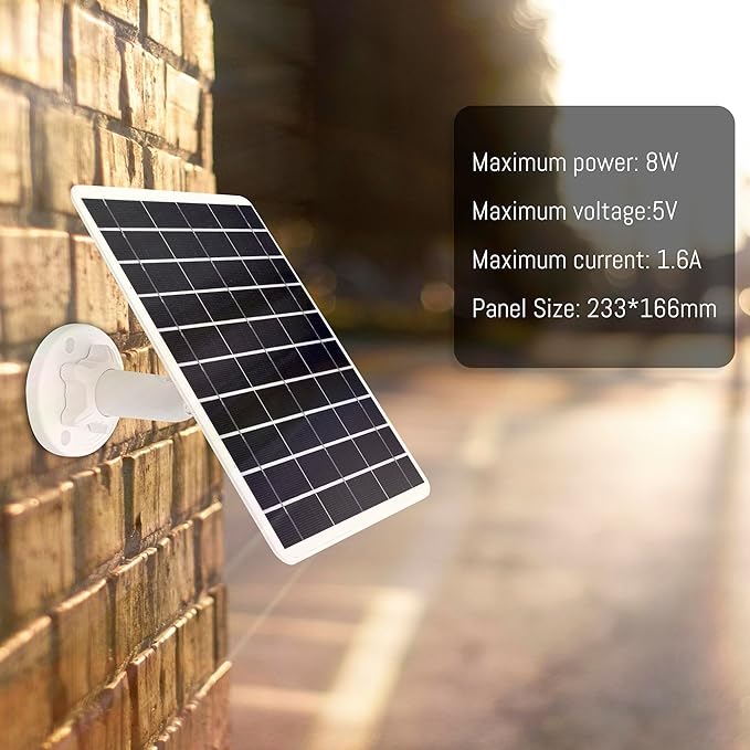8W Solar Panel Compatible with Rechargeable Battery Powered Cam, for Security Camera Outdoor, 5V Camera Solar Charger Waterproof with Micro USB/USB-C Port/DC 3.5mm 3in1 Cable, 360° Adjustable Bracket