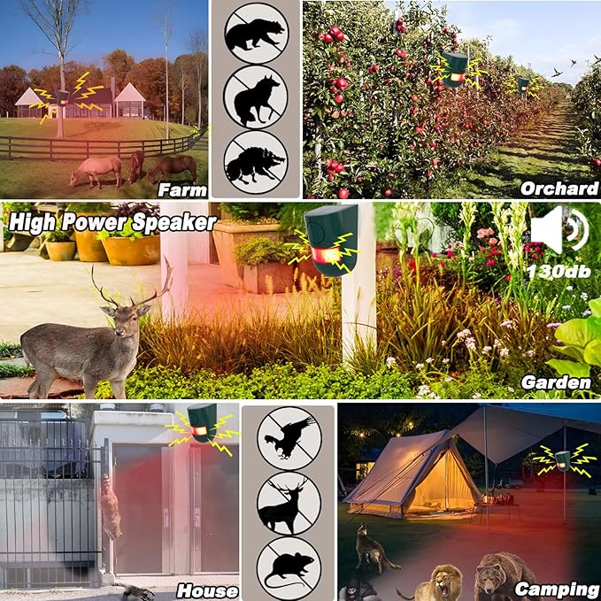 Solar Outdoor Motion Sensor Alarm, 130 dB Siren Sound Alert & 6 LEDs Flash Warning Strobe Motion Activated Alarm for Farm Yard, 4 Pack