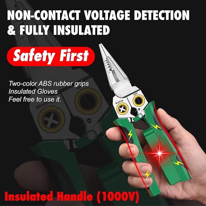 8-in-1 Wire Stripper Tool, with Non-Contact Voltage Detector & Safety Insulated Handles, Multi-Function Electrical Pliers for Stripping, Cutting, Crimping, Ideal for Electrician, HVAC, DIY