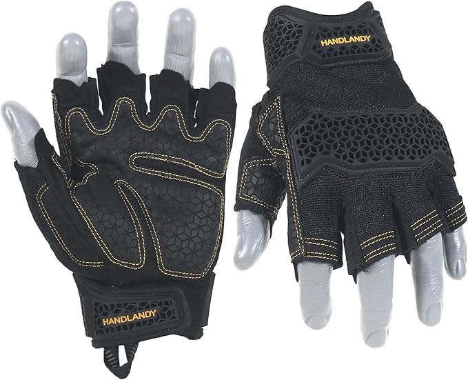 HANDLANDY Fingerless Work Gloves for Men, Padded Impact Tactical Mechanics Gloves, Grip Utility Trucker Driver Gloves (Black- impact, X-Large (Pack of 1))