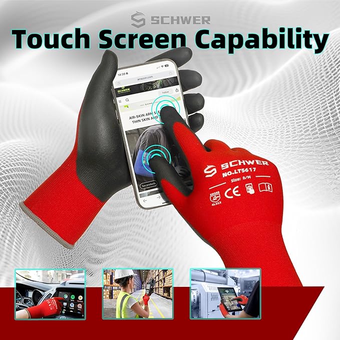 Schwer Ultra-Comfort Safety Work Gloves MicroFoam Nitrile Coated, Seamless Knit Nylon Glove for Men and Women, 6/12 Pairs, Abrasion Resistant, Non Slip, Breathable, LT5617, XXL