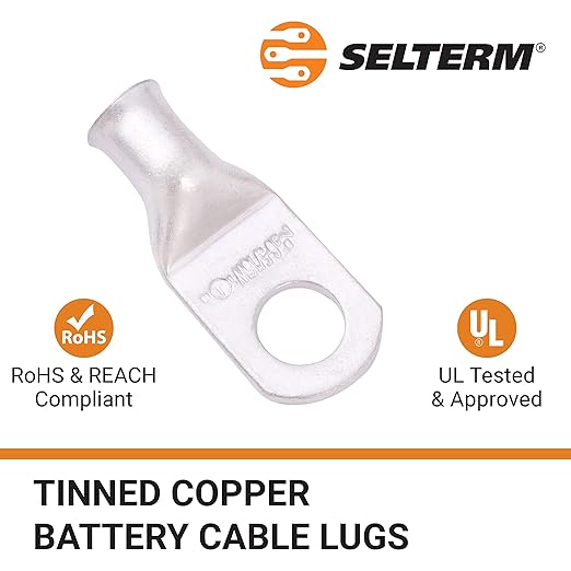 SELTERM 2pcs 6 AWG 5/16" Stud (Wide Pad) Tinned Copper Wire Lugs, Battery Lugs, Ring Terminals, Battery Cable Ends, 6 Gauge Ring Terminal Connectors, UL Marine Grade Battery Terminal Connectors
