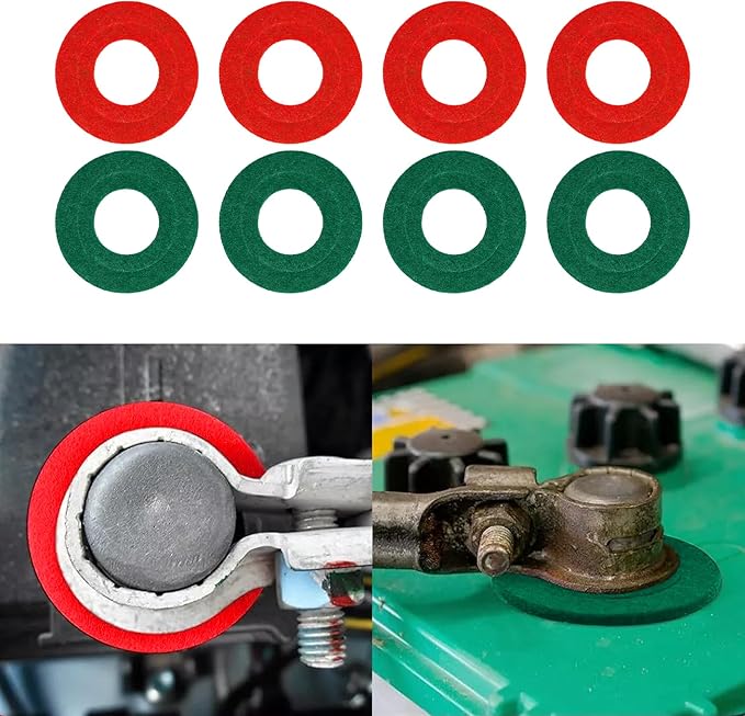 8PCS Battery Terminal Anti Corrosion Washers Fiber, Battery Terminal Protector, 4 Red & 4 Green Battery Terminal Protector for Protecting Battery Terminal, Universal Accessories (Red+Green, 8PCS)