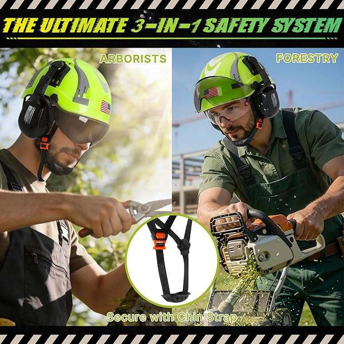 Hard Hat with Dual Visor and Hearing Protection-OSHA Approved Construction Hard Hats with Visor Sunglasses Earmuffs for Men,Vented Forestry Chainsaw Arborist Helmet with Chin Straps
