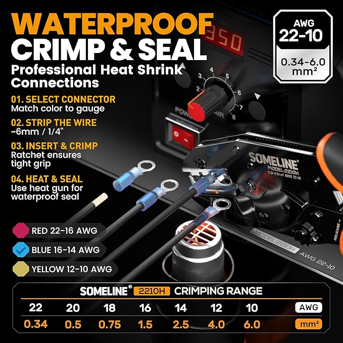 SOMELINE Heat Shrink Wire Connectors and Crimping Tool Kit, 24 Types (UL Listed) Marine Automotive Terminals, 22-10 AWG Ratchet Crimper - Waterproof Ring Fork Spade Piggyback Butt Splices (104 Pcs)