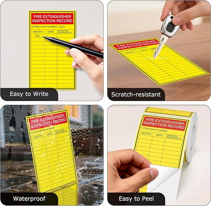 200PCS Fire Extinguisher Inspection Record Label Self Adhesive 5 x 3 Inches Writable Waterproof Coated Paper Monthly Safety Record Stickers for Fire Extinguisher