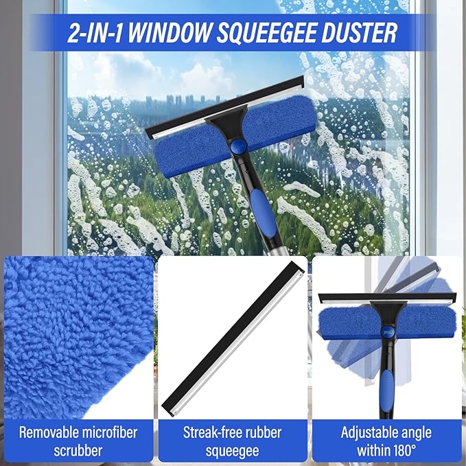 26FT Window Washing Kit with Extension Pole,High Reach Duster Kit,Cobweb Duster with 5-20FT Telescoping Pole,2 in 1 Window Cleaning Squeegee Kit for Outdoor and Indoor Cleaning