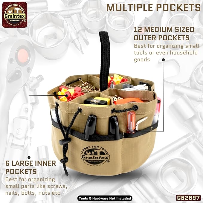 Graintex 18 Pockets Grab Bag Rip-stop Canvas Drawstring Closure, Small Part Organizer Pouch, Small Tools, Screws, Parts, Parachute Tool Bag for Efficient Storage - Khaki