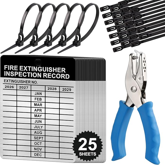 25 Sets Metal Inspection Tags Safety Inspection Tags Fire Extinguisher Inspection Sticker 2.2X3inch Fire Extinguisher Inspection Record Tag 2026-2029 with Handheld Hole Puncher for Indoor Outdoor (25)