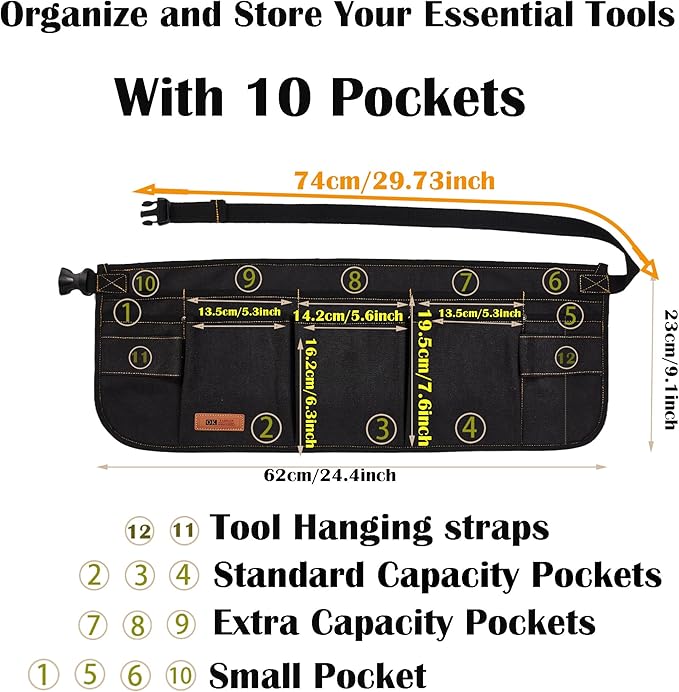 Canvas Work Tool Apron 10 Pockets Waist Apron for Men Women,Adjustable Buckle Closure Tool Bags for Outdoor Work, Woodworkers, Artists and Craftspeople(Black)
