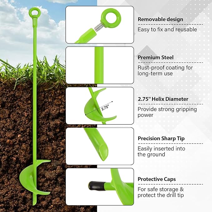 MAZING Ground Anchor Kit 18 Inch Long, 4PC Heavy Duty Spiral Blade Earth Anchors Kit Screw in, Auger Stake for Camping Tent, Trampoline, Canopies, Carport, Swing Set, Securing Animals, Sheds