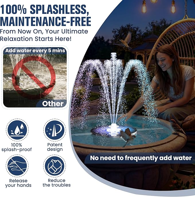 4000mAh Solar Fountain,2026 Solar Bird Bath Fountain Pump,3 Spray Solar Powered Water Fountain with Lights,Floating Birdbath Fountain Kit,DIY Water Bird Bath Fountain for Outdoor,Garden,Pond-White