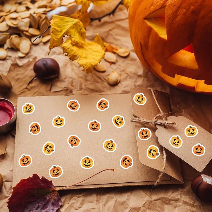 JarThenaAMCS 2400Pcs Halloween Mini Sticker Grimace Pumpkin Paper Decals Orange Jack-O-Lantern Self-Adhesive Stickers for Envelopes Scrapbook Gifts DIY, 0.5 in
