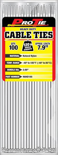 Pro Tie Heavy Duty Cable Ties, Self-Locking Nylon Cable Wire Ties for Indoor and Outdoor Use | 7.9-Inch, 120 lbs. Tensile Strength, Natural Nylon, 100-Pack (PN: N8HD100)