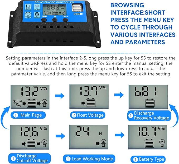 Solar Battery Controller 12v/24v Solar Panel Charge Controller Ground Solar Panel Controller Regulator with Adjustable LCD Display and Dual USB Port Timer Setting PWM Auto Parameter(2 Pieces,30A)