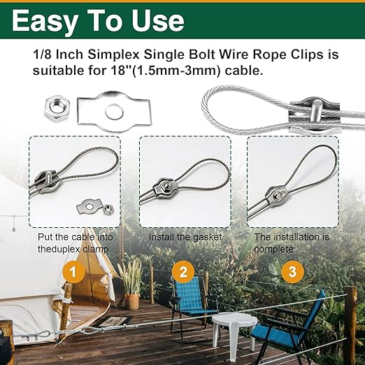 20 Pack Wire Rope Clips for 1.5-3mm Cable, M3 Stainless Steel Simplex Single Bolt Clamps with Washers and Wrench