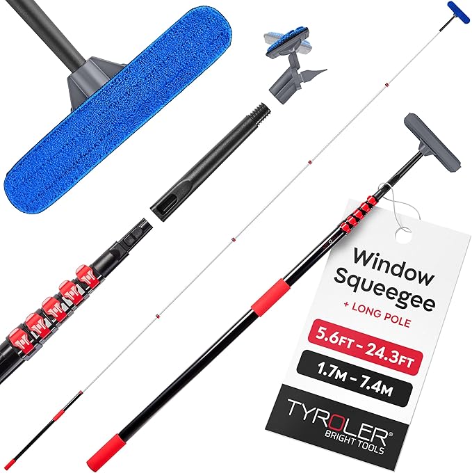 Tyroler Professional Window Squeegee with Extension Pole | 5.6-24.3ft Squeegee for Windows Cleaning | Outdoor Window Cleaner Tool, Windows Washing Kit with Extension Pole | Window Cleaning Kit