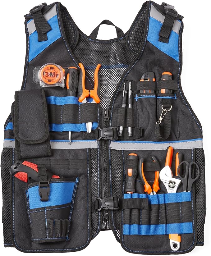 Electrician Tool Vest for Men, Reflective Safety Work Vest with Adjustable Thick Straps, Removable Phone Holder for Electrical, Carpenters, Construction, 22 Pockets.Blue