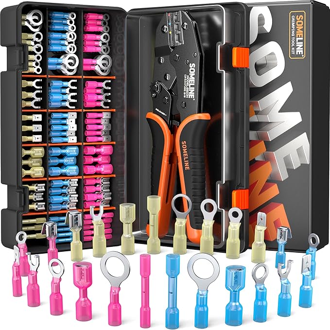 SOMELINE Heat Shrink Wire Connectors and Crimping Tool Kit, 24 Types (UL Listed) Marine Automotive Terminals, 22-10 AWG Ratchet Crimper - Waterproof Ring Fork Spade Piggyback Butt Splices (104 Pcs)