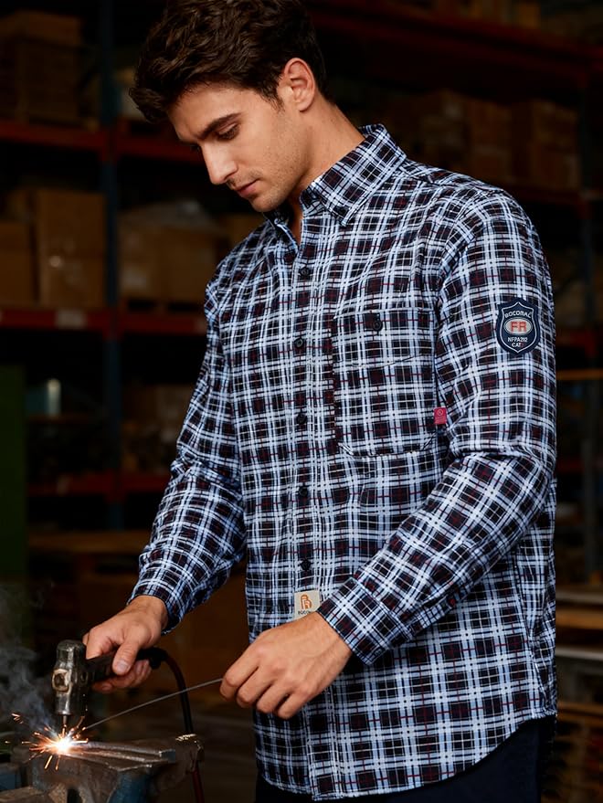 BOCOMAL FR Shirts Flame Resistant NFPA2112/CAT2 6.5oz Light Weight Printed Fire Retardant Plaid Shirt