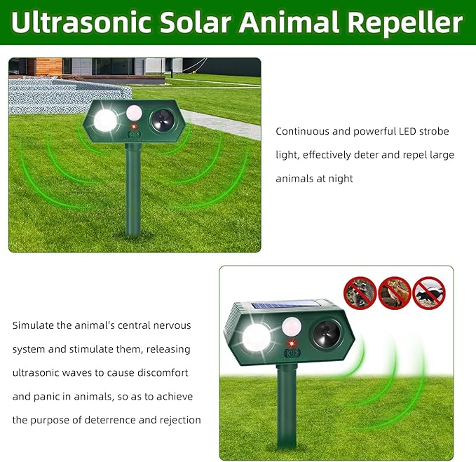 2026 Upgraded Solar Ultrasonic Animal Repeller Deer Repellent Devices with Motion Sensor & LED Strobe Cat Deterrent Outdoor to Keep Away Squirrel Rabbit Raccoon Dog for Yard, Lawn, Garden 4 Pack