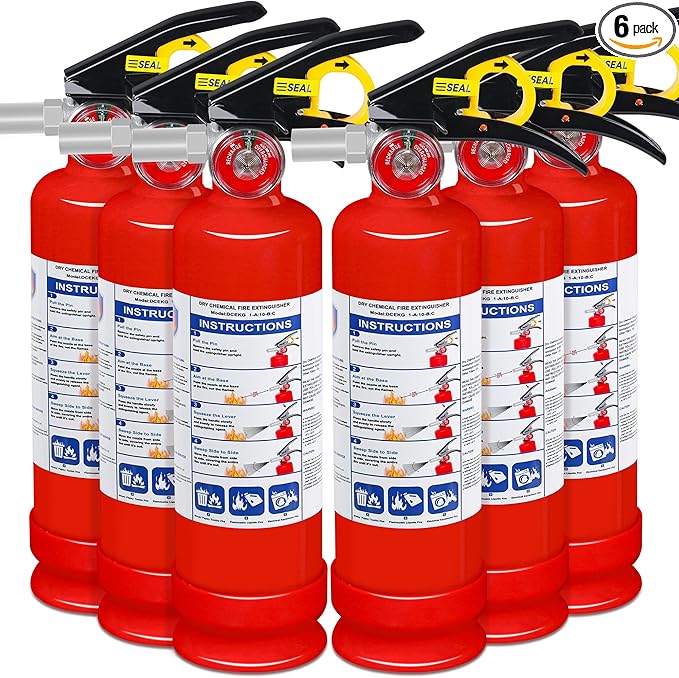 6-Pack Fire Extinguisher for Home, 2.5 lb 1-A:10-B:C Rated Dry Chemical Fire Safety Gear with Quick-Release Handle, Certified for Kitchen, Car, Vehicle, Boat, RV, Grill