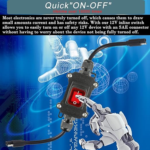 Inline 12V Power Switch with IP67 Waterproof Rating, 14AWG SAE Cable with ON/Off Switch, Quick Connect/Disconnect Snap, SAE Converter Cable for Solar Panel, Motorcycle, RV, Camp Trailer