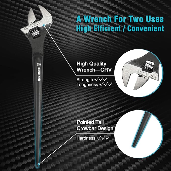 DURATECH 12-Inch Adjustable Construction Spud Wrench, Black Oxide Finish, CR-V Steel, SAE and Metric Scale Marked, Alignment Holes and Tail Crowbar Features