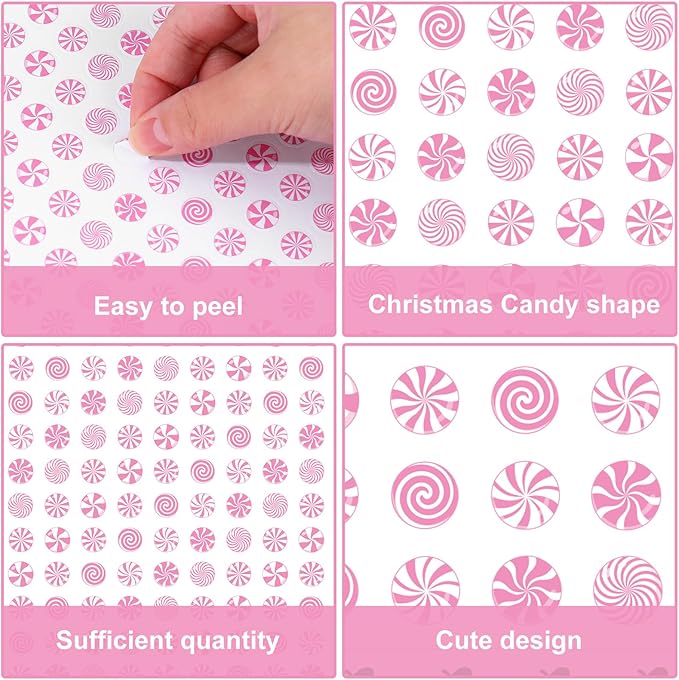 JarThenaAMCS 2400 Pcs Christmas Mini Sticker Paper Decal Xmas Pink White Peppermint Candy Self-Adhesive Sticker for Envelope Scrapbook Gift DIY Supplies, 0.5 in