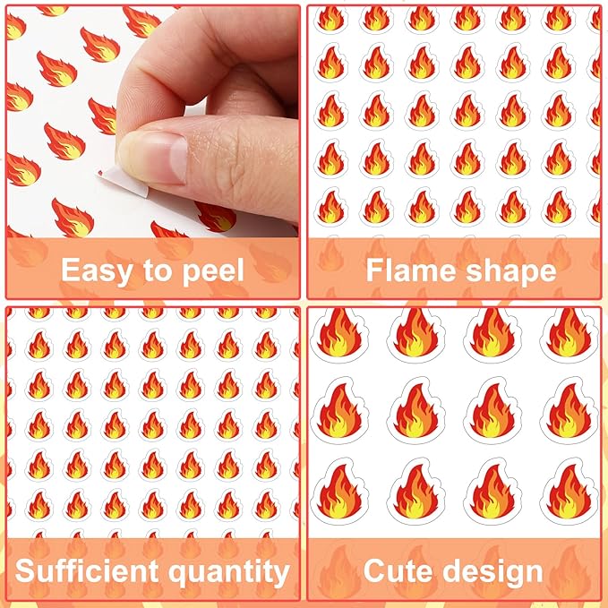 JarThenaAMCS 2400Pcs Mini Fire Sticker Camping Flame Paper Decals Orange Self-Adhesive Stickers for Envelopes Scrapbook Gifts DIY Supplies, 0.5 in