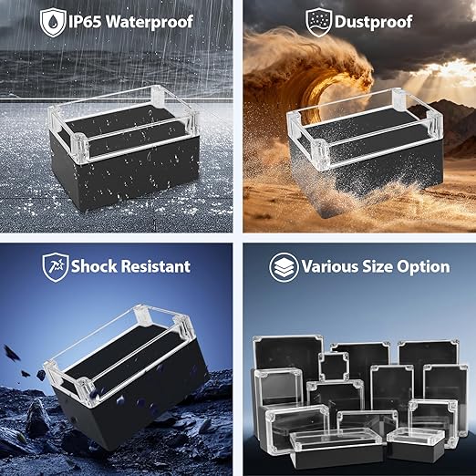 LeMotech Electrical Box Clear Cover Project Box IP65 Waterproof Junction Box ABS Plastic Case Universal Enclosure for Electronics, Black 6.2"x 4.2"x 3.5"(160x110x90mm)(Pack of 1)