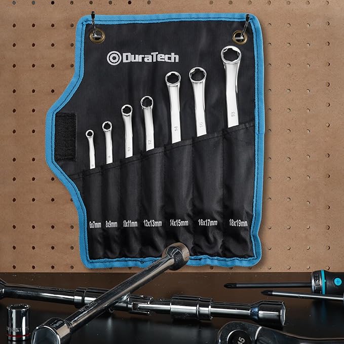 DURATECH 7-Piece Anti-slip Offset Box Wrench Set, Bolt Extractor Wrench Set, Metric, 6-19mm, 50-Degree Offset, CR-V Steel, with Rolling Pouch