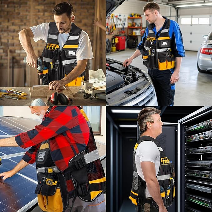 Electrician Tool Vest, Electrician Vest for Men, 21 Compartments, Reflective Workwear with Drill Holster, Adjustable Waist & Upgraded Comfortable Neck Opening