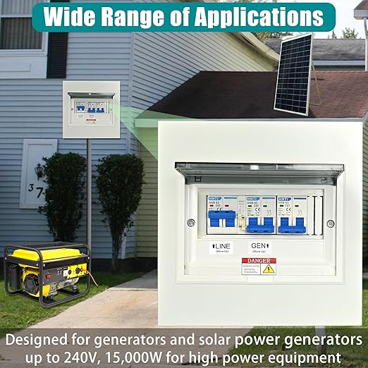 Generator Transfer Switch,63 Amp Manual Transfer Switch, 120/240-Volt Transfer Switch,15,000 Watt Prewired Transfer Switch for Home Generator and Solar Power Systems,with Overload Protection (63A-2P)