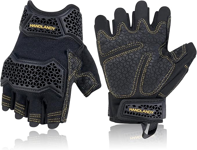 HANDLANDY Fingerless Work Gloves for Mens & Women, Uwrist Half Finger Shock-Absorbing Breathable Glove