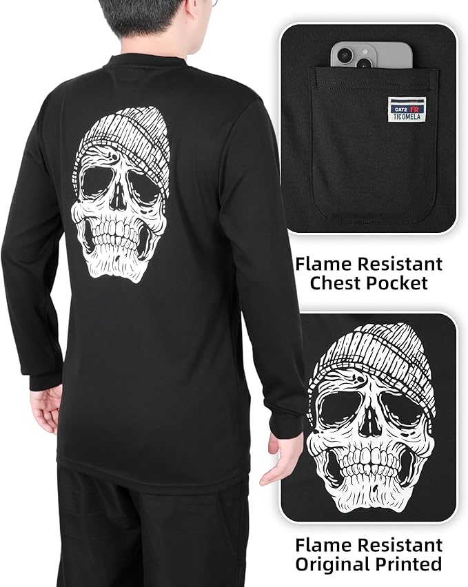 TICOMELA FR T Shirt Flame Resistant Shirt 5.5oz 100% Cotton Light Weight Workwear Men's Long Sleeve Henley Shirts
