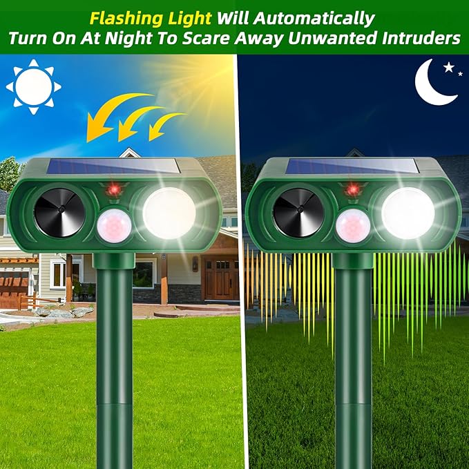 4-Pack Solar Ultrasonic Animal Repellent for Garden Protection Stop Yard Damage Instantly Deer Cat Squirrel Dog Skunk Rabbit & Raccoon Deterrent Weatherproof Outdoor Animal Control Safe for Kid & Pet