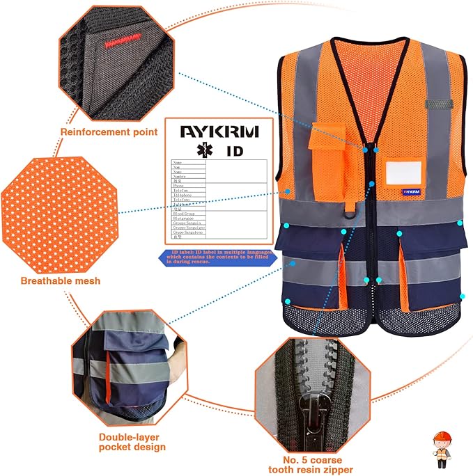 A-SAFETY High Visibility Mesh Safety Reflective Vest with Pockets and Zipper,Hi Vis Viz Reflective Safety Vest(Orange&Navy Mesh XXL)