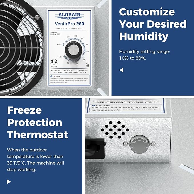 ALORAIR 260CFM Crawl Space Ventilator Fan, 6.7 Inch Basement Vent Fan with Humidistat & Thermostat, IP-55 Rated Isolation Mesh for Crawlspace, Garage, Attic, Exhaust