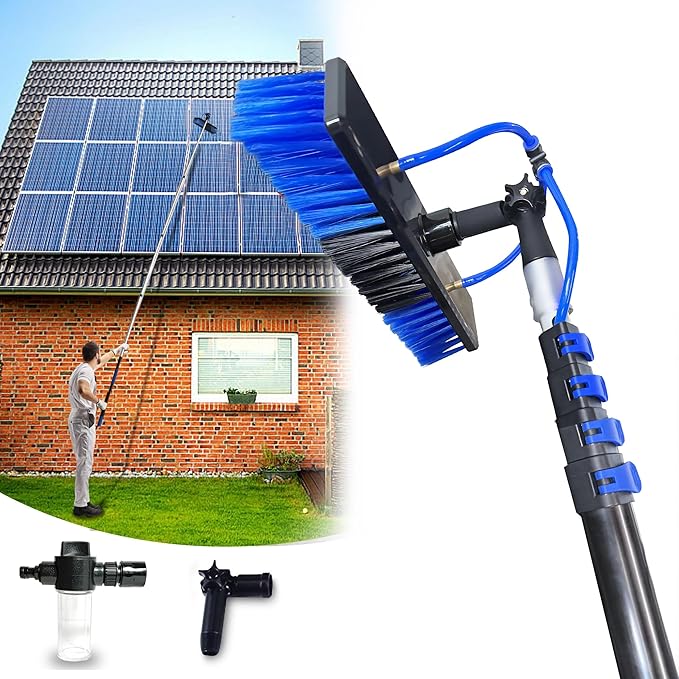 20FT Solar Panel Cleaning Kit with Telescopic Pole & Soap Dispenser, Water Fed Solar Panel Brush for Home/Roof/Caravan, Extendable Window Cleaner Tool for RV, Boat, Deck & Outdoor Use (20FT)
