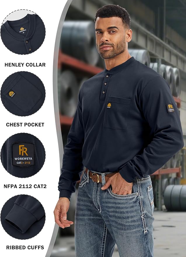 WORKWEYA 6.5oz Flame Resistant Henley Shirt 100% Cotton Lightweight FR Shirts for Men