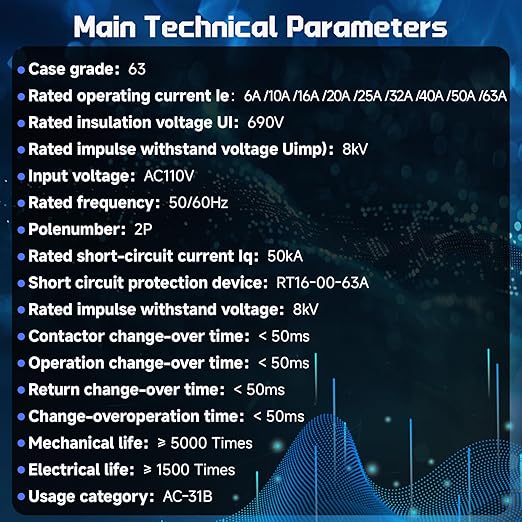 Mini ATS Automatic Transfer Switch 2P 63A 110V, Dual Power Automatic/Manual Transfer Switch for Generator and Home Power Backup, Fast Switching DIN Rail Mounted Changeover Switch AC 50/60Hz