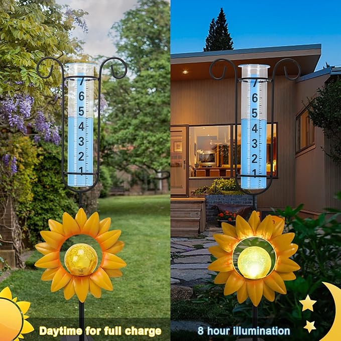 MUMTOP Rain Gauge Outdoor, 34 Inch Large Number Solar Lights Sunflower Water Gauge for Lawn, Yard and Garden