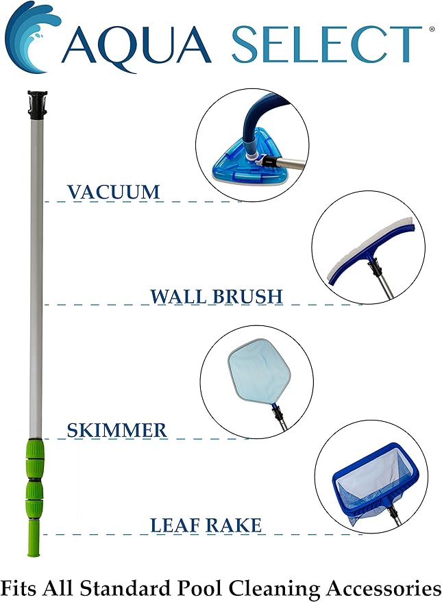 Aqua Select 5-15 Foot Telescoping Pool Vacuum Pole | Heavy Duty Aluminum Pole for Leaf Skimmers, Pool Brushes and Vacuum Heads | Expandable Swimming Pool Pole