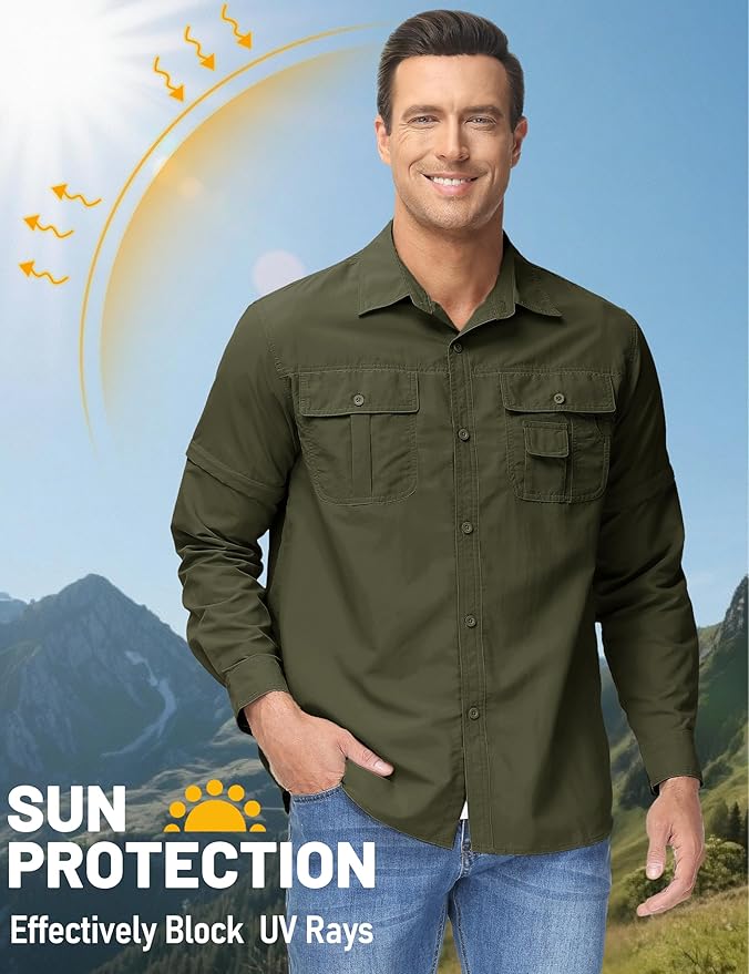 TACVASEN Men's Convertible Long Sleeve Fishing Shirts Lightweight Quick Dry Button Up Tactical Sun Shirts for Safari Hiking