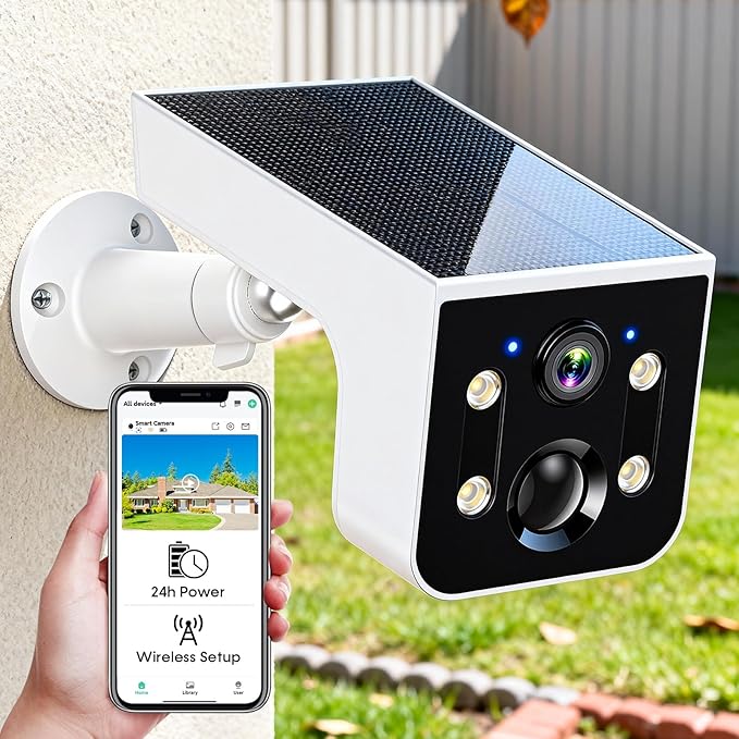 Solar Powered Outdoor Wireless Camera: 2K HD, Motion Detection, Color Night Vision, Waterproof IP67, Easy Setup for Home & Business Monitoring, No Monthly Fees